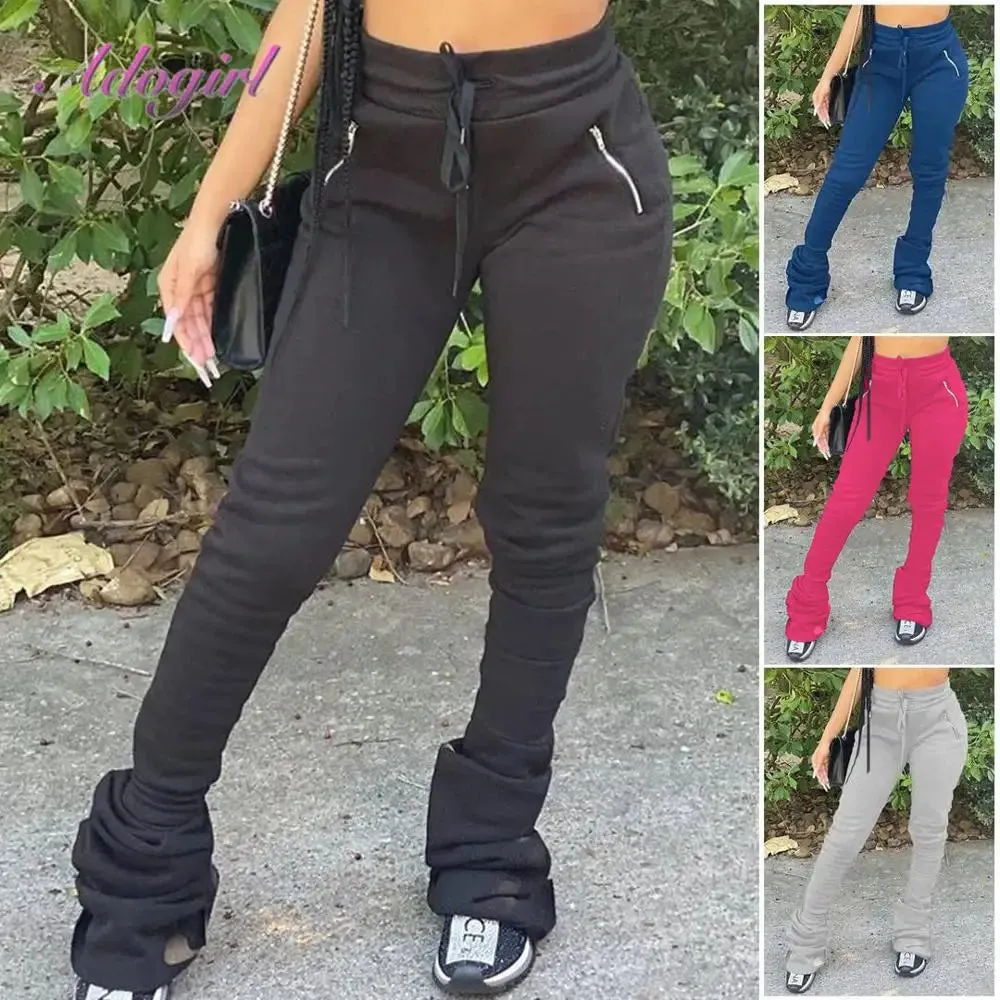 2020 Women's High Waist Flare Leggings | Casual Solid Bell Bottom Sweatpants | Zipper Workout Streetwear Trousers