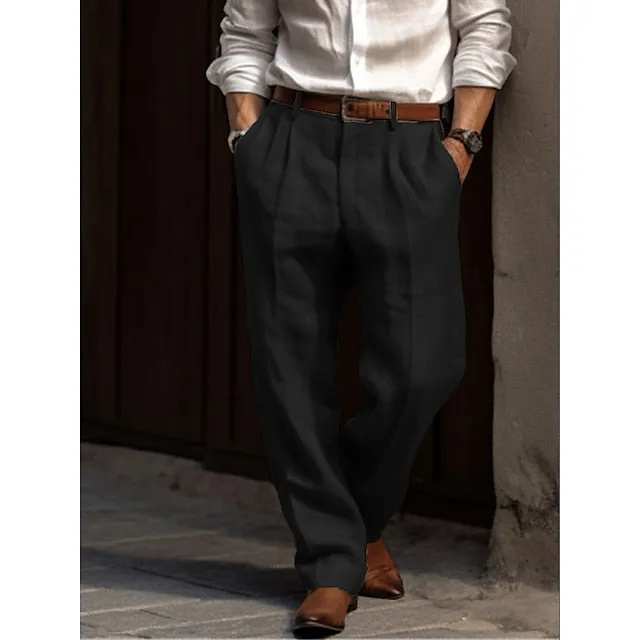 Advbridge Men's Linen Pants Trousers Summer Pants Pleated Pants Front Pocket Straight Leg Plain Comfort Breathable Casual Daily Holiday Linen Cotton Blend Fashion Basic Black White