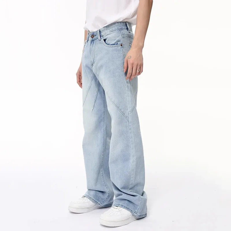 American Style Men's Jeans Patchwork Design Straight Casual Male Denim Pants Wide Leg Menwear Stylish 9C6400