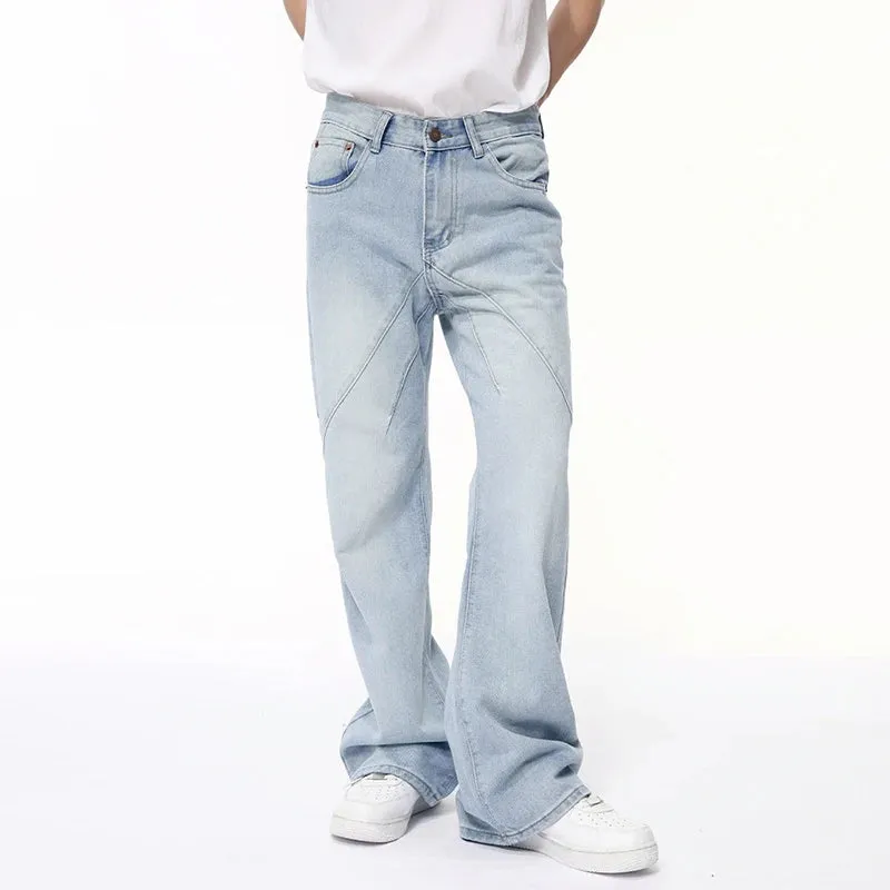 American Style Men's Jeans Patchwork Design Straight Casual Male Denim Pants Wide Leg Menwear Stylish 9C6400