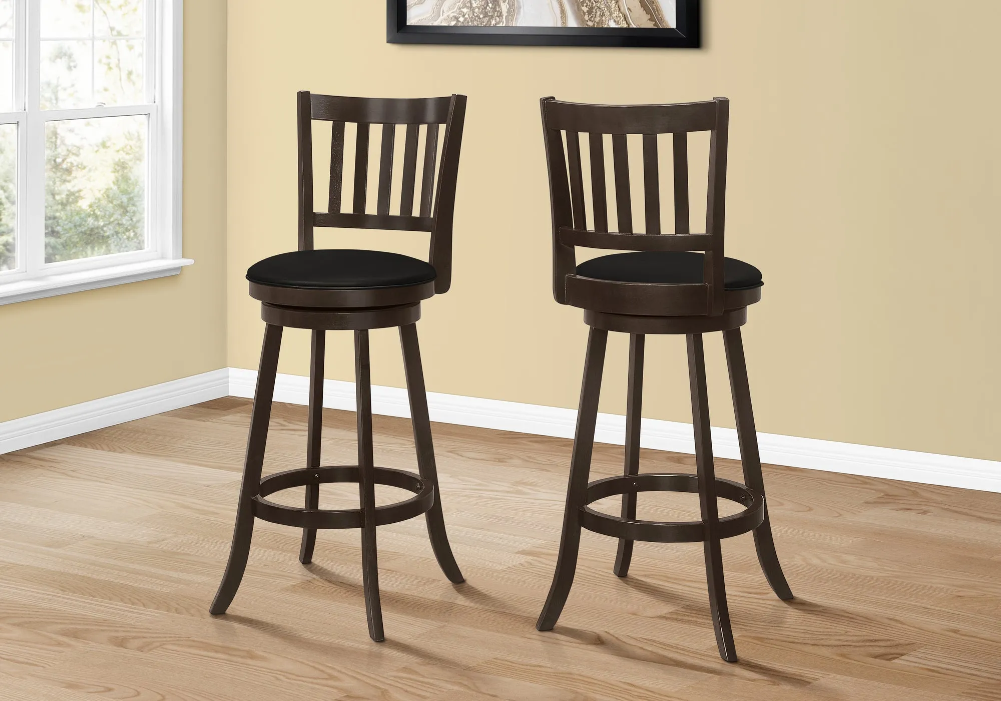 Bar Stool, Set Of 2, Swivel, Bar Height, Brown Wood, Black Leather Look, Transitional