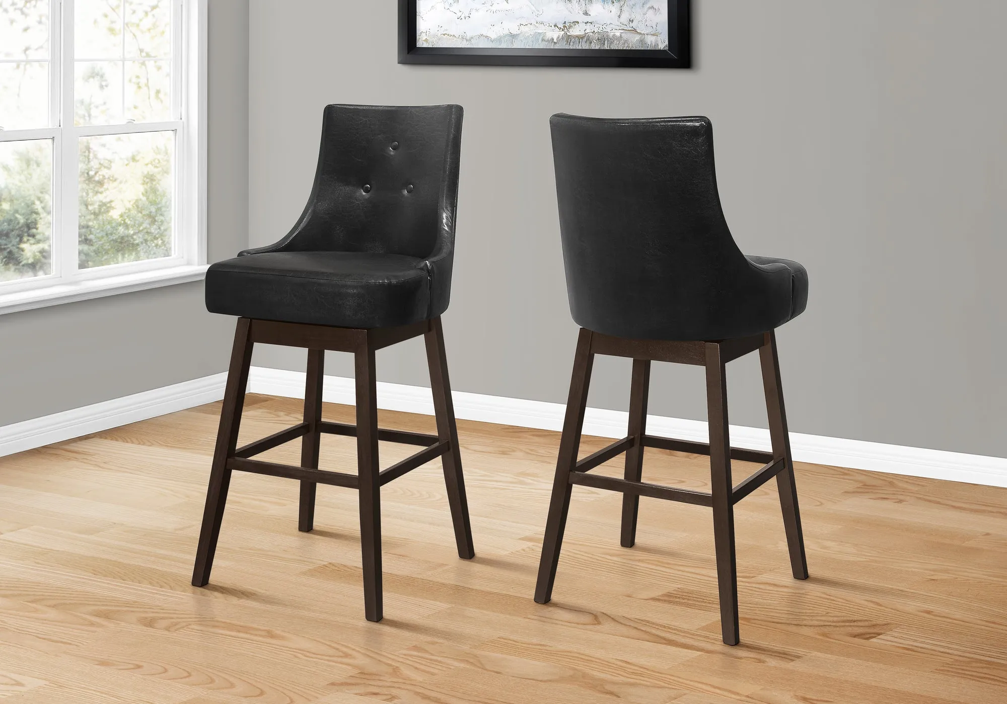 Bar Stool, Set Of 2, Swivel, Bar Height, Brown Wood, Black Leather Look, Transitional