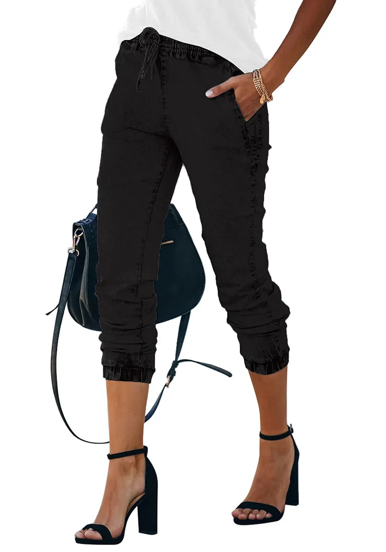 Black Elastic-Waist Welt Pockets Denim Jogger Pants