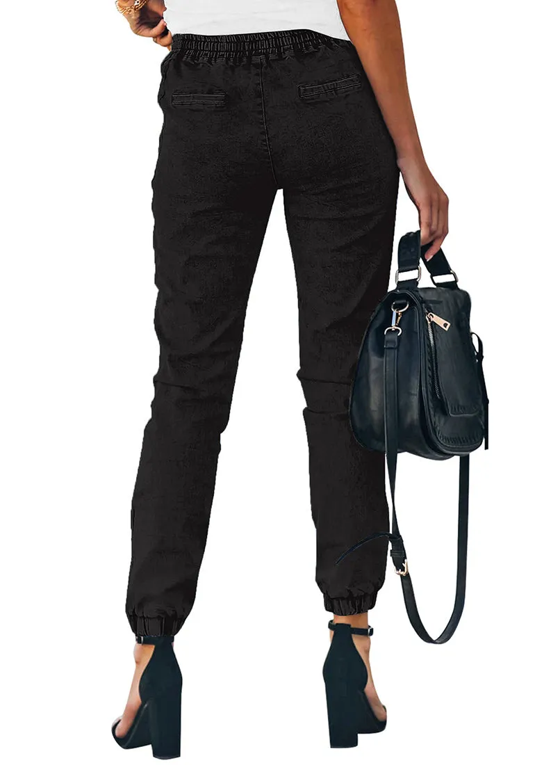 Black Elastic-Waist Welt Pockets Denim Jogger Pants