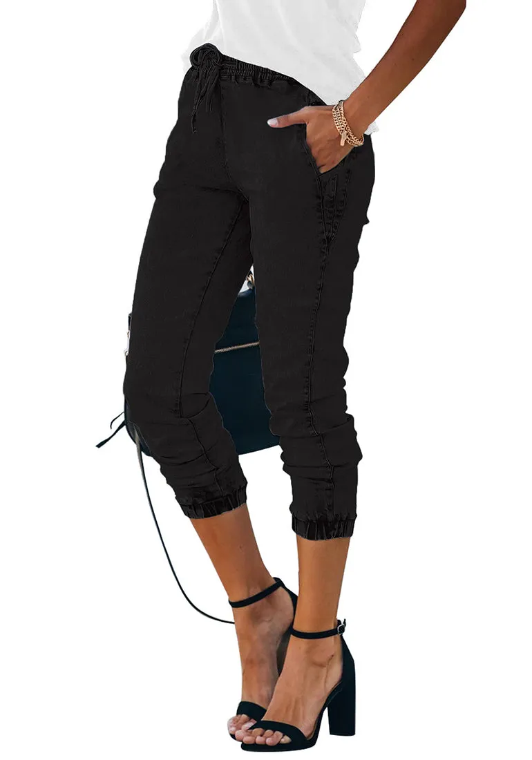 Black Elastic-Waist Welt Pockets Denim Jogger Pants