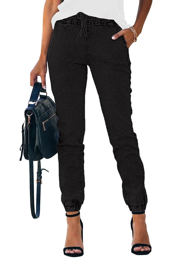 Black Elastic-Waist Welt Pockets Denim Jogger Pants