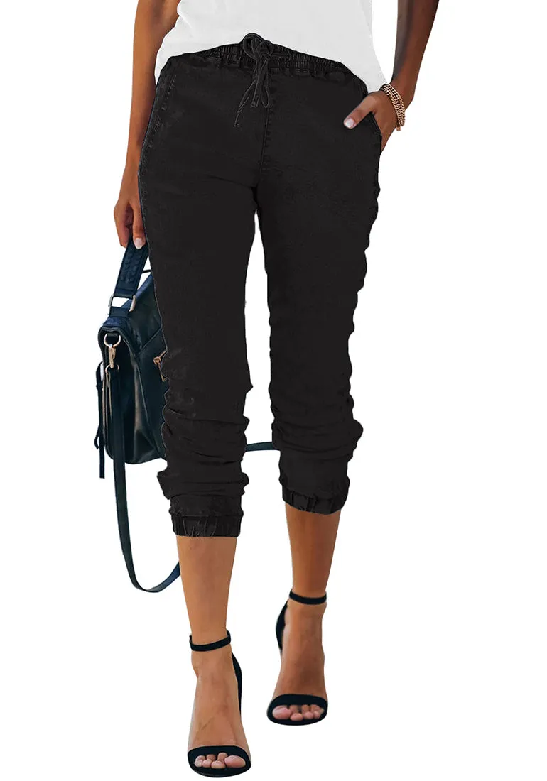 Black Elastic-Waist Welt Pockets Denim Jogger Pants