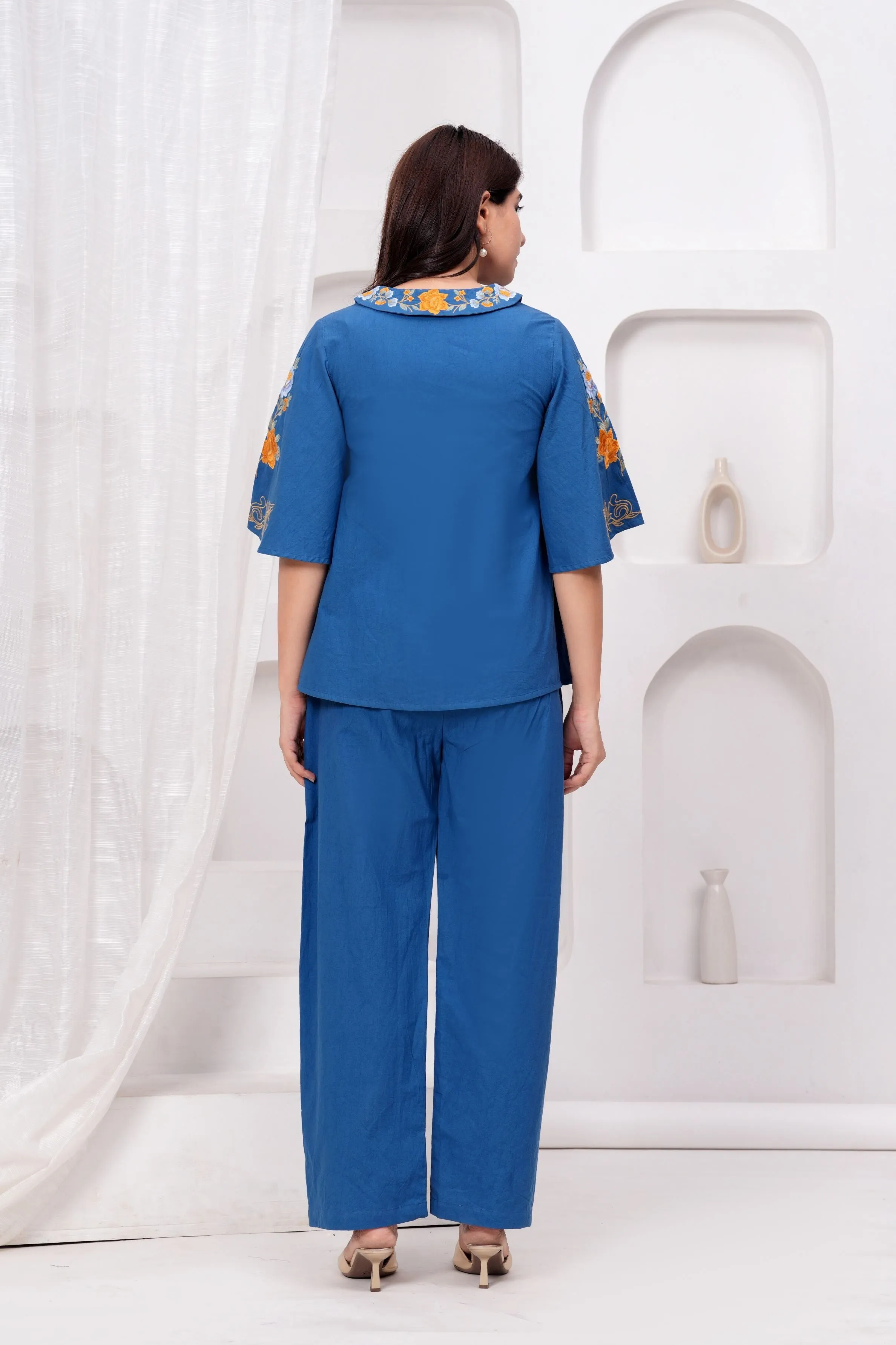 Blue Embroidered Premium Cotton Co-Ord Set