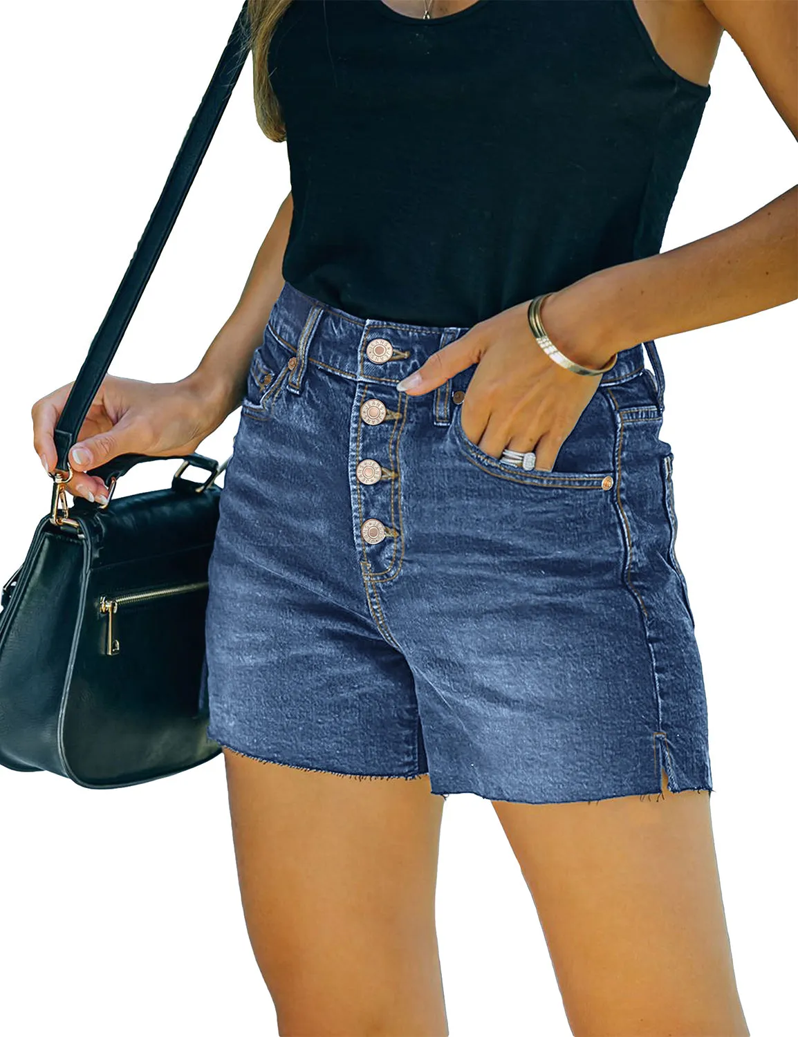 Blue Raw Hem Button-Up Denim Shorts