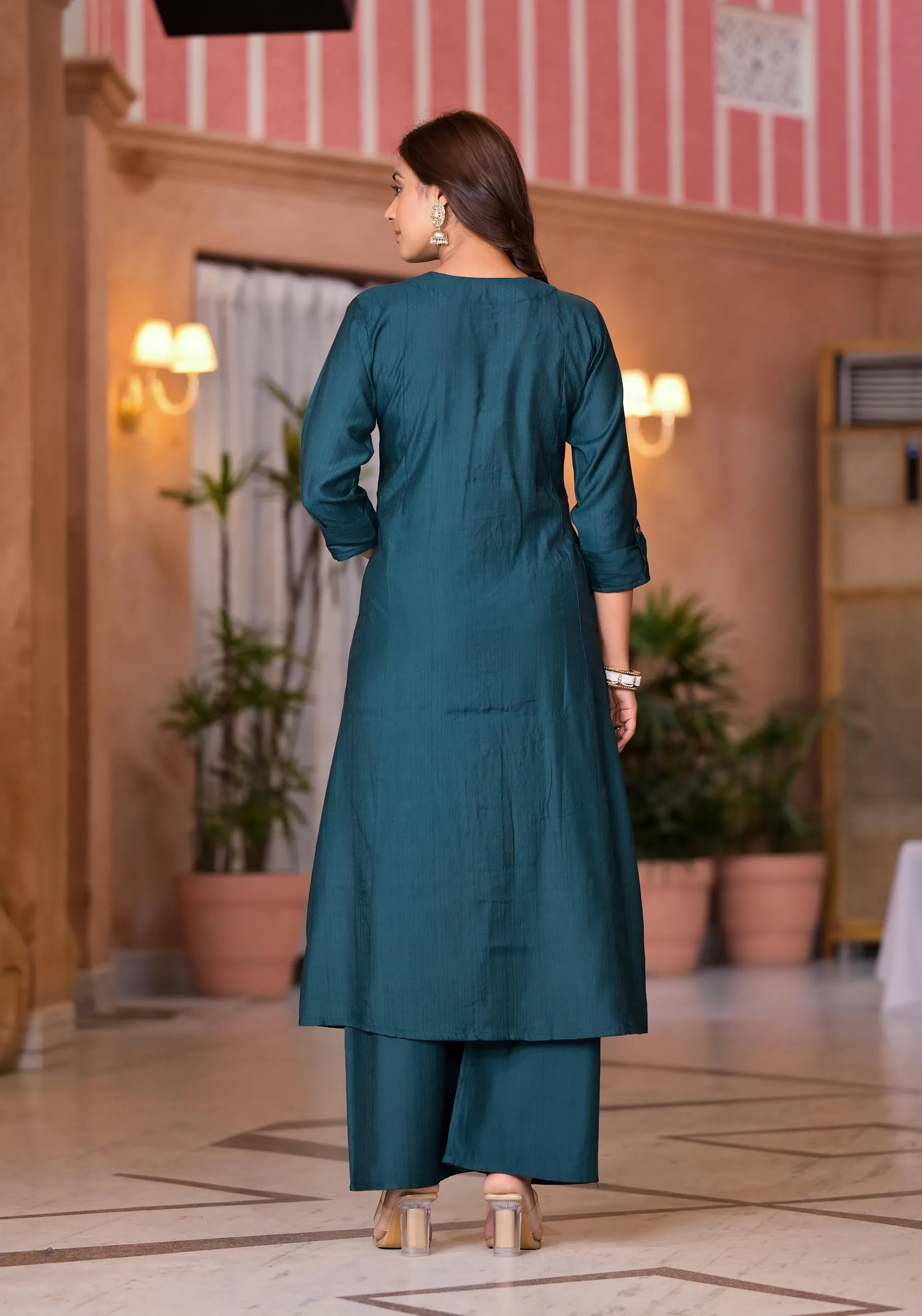 Bottle Green Zari Embroidered Cotton Kurta Set With Button Closure