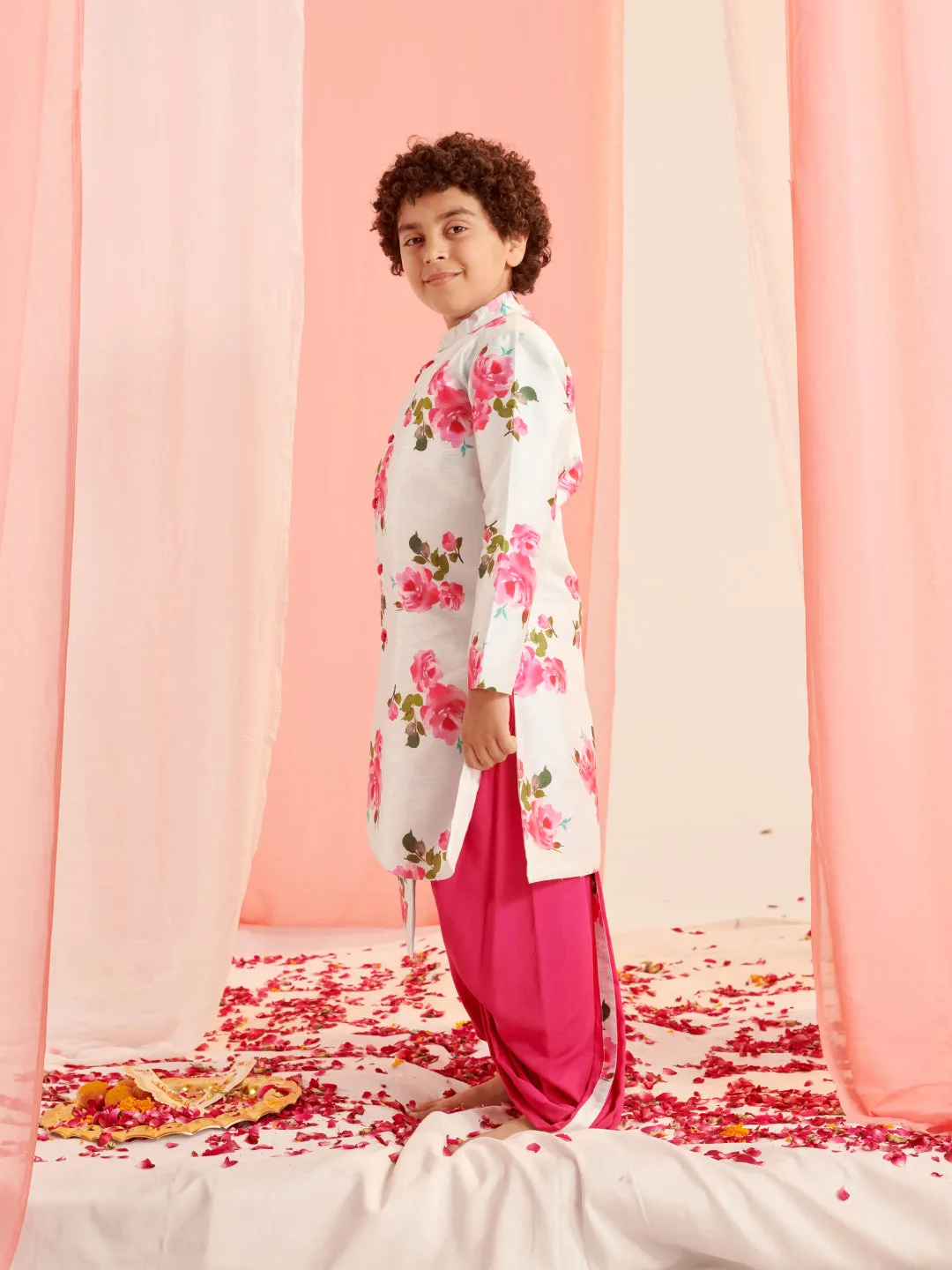 Boys Floral Printed Regular Kurta With Dhoti Pants