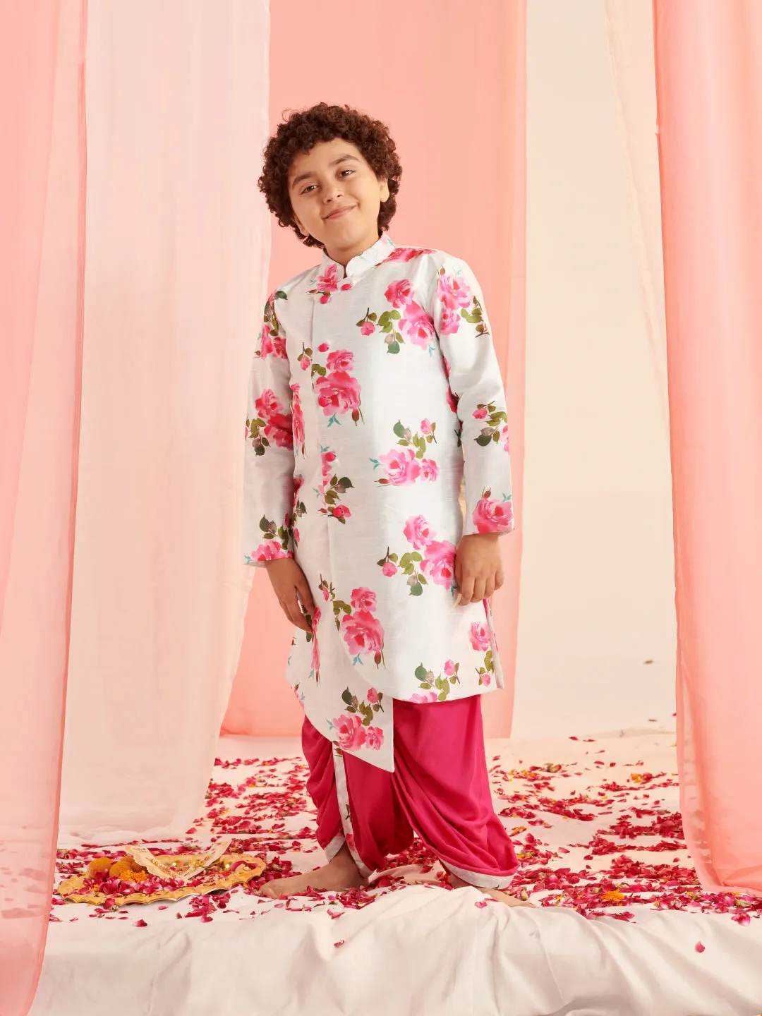 Boys Floral Printed Regular Kurta With Dhoti Pants