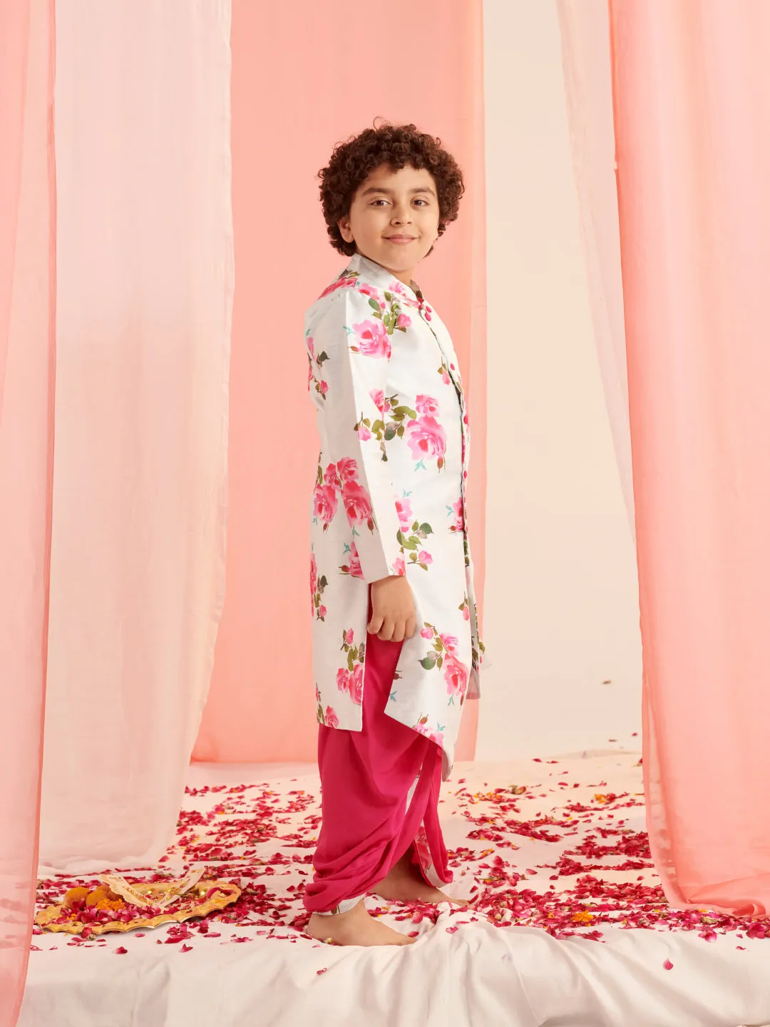 Boys Floral Printed Regular Kurta With Dhoti Pants