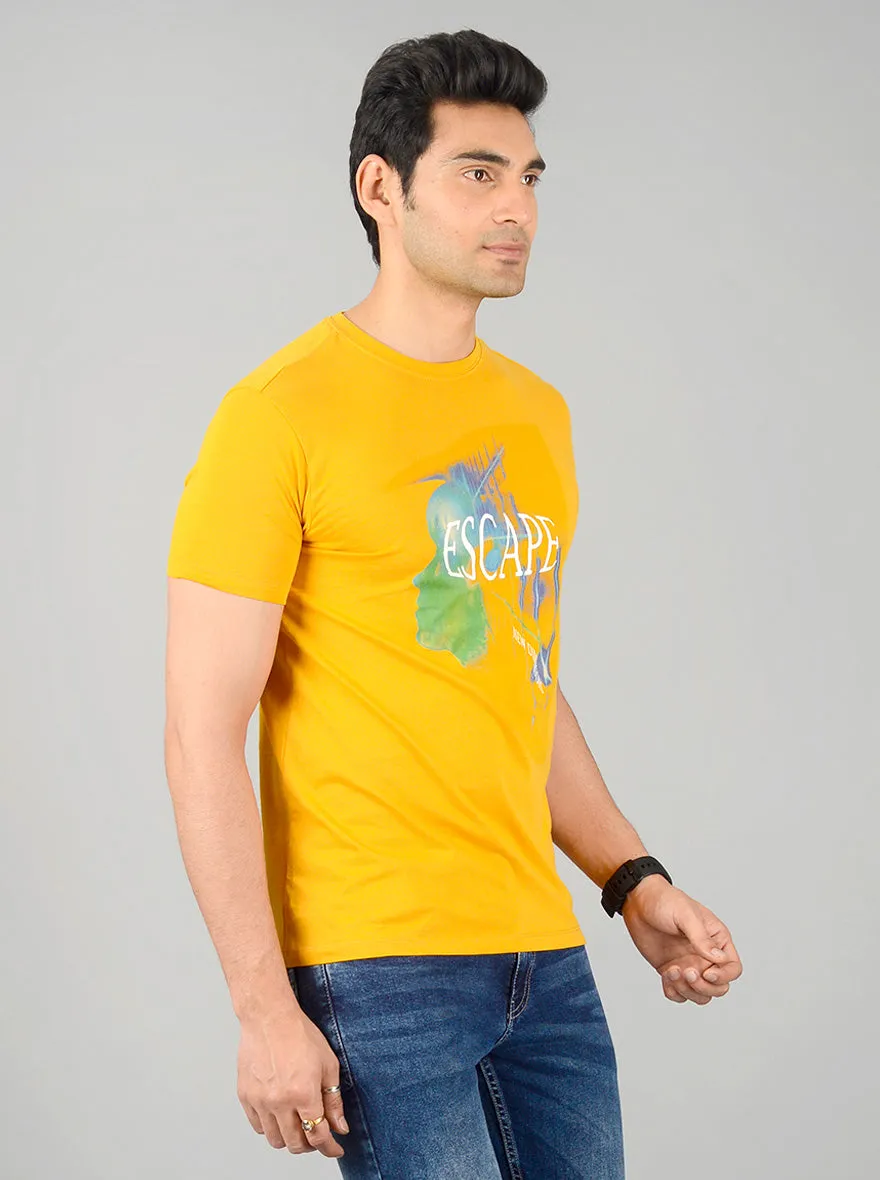 Bright Mustard Yellow Printed Slim Fit T-shirt | JadeBlue