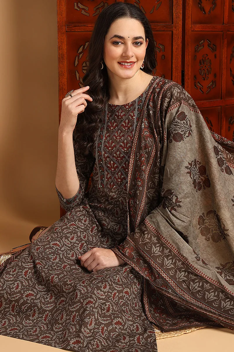 Brown Pure Cotton Floral Printed Suit Set