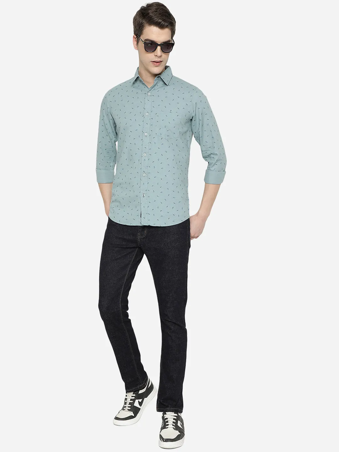 Canal Blue Printed Slim Fit Semi Casual Shirt | JadeBlue