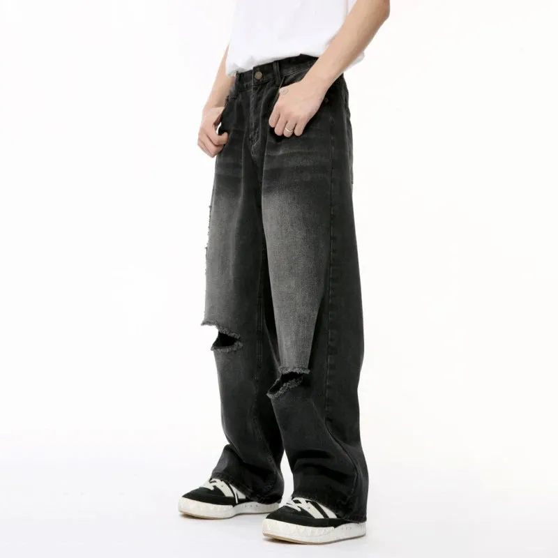 Chic Men's Denim Pants Summer Loose Hole Straight Menwear Gradient Wide Leg Male Casual Jeans Stylish 9C6388