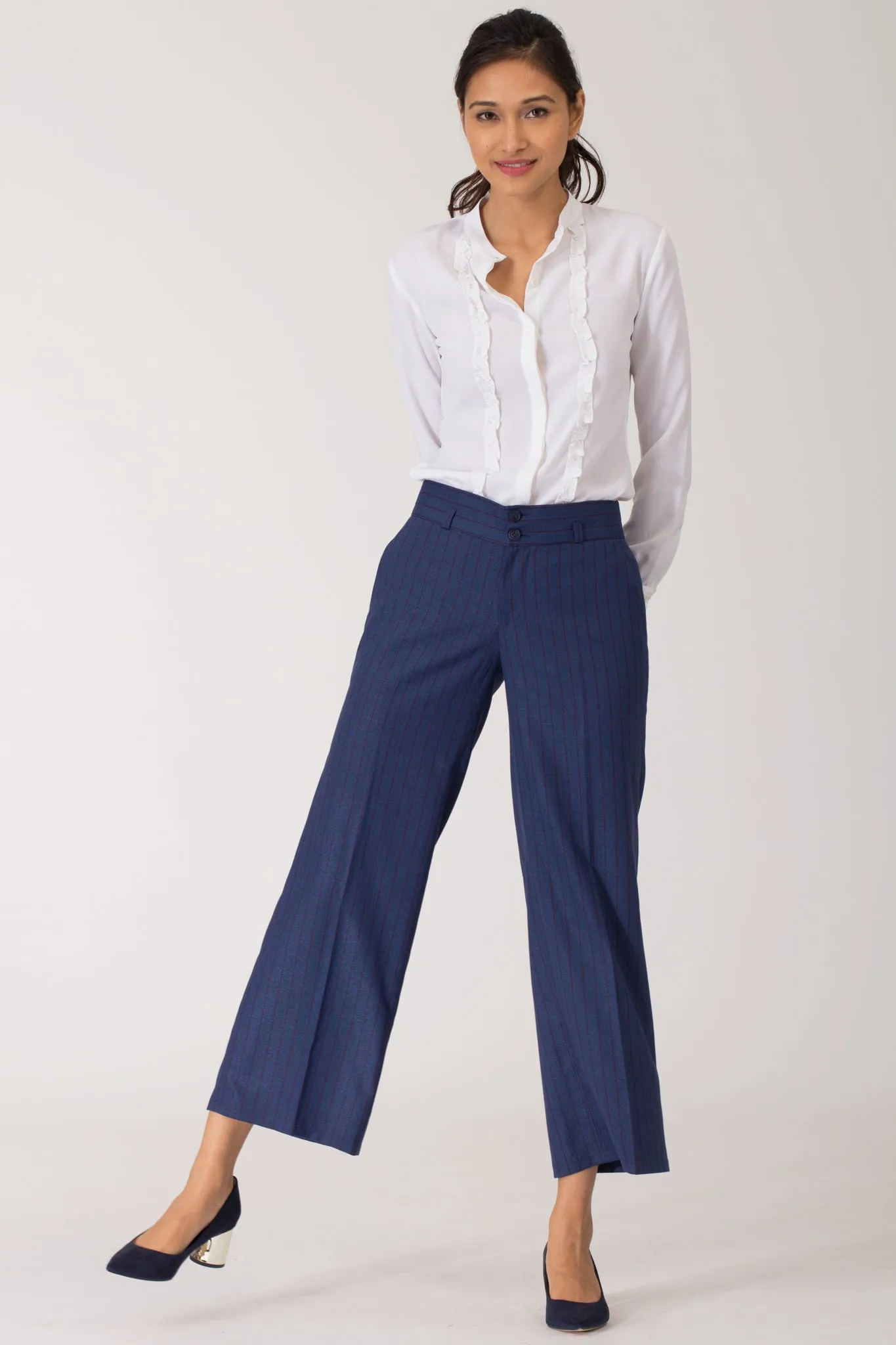 Cobalt Pinstripe Wide Leg Pants