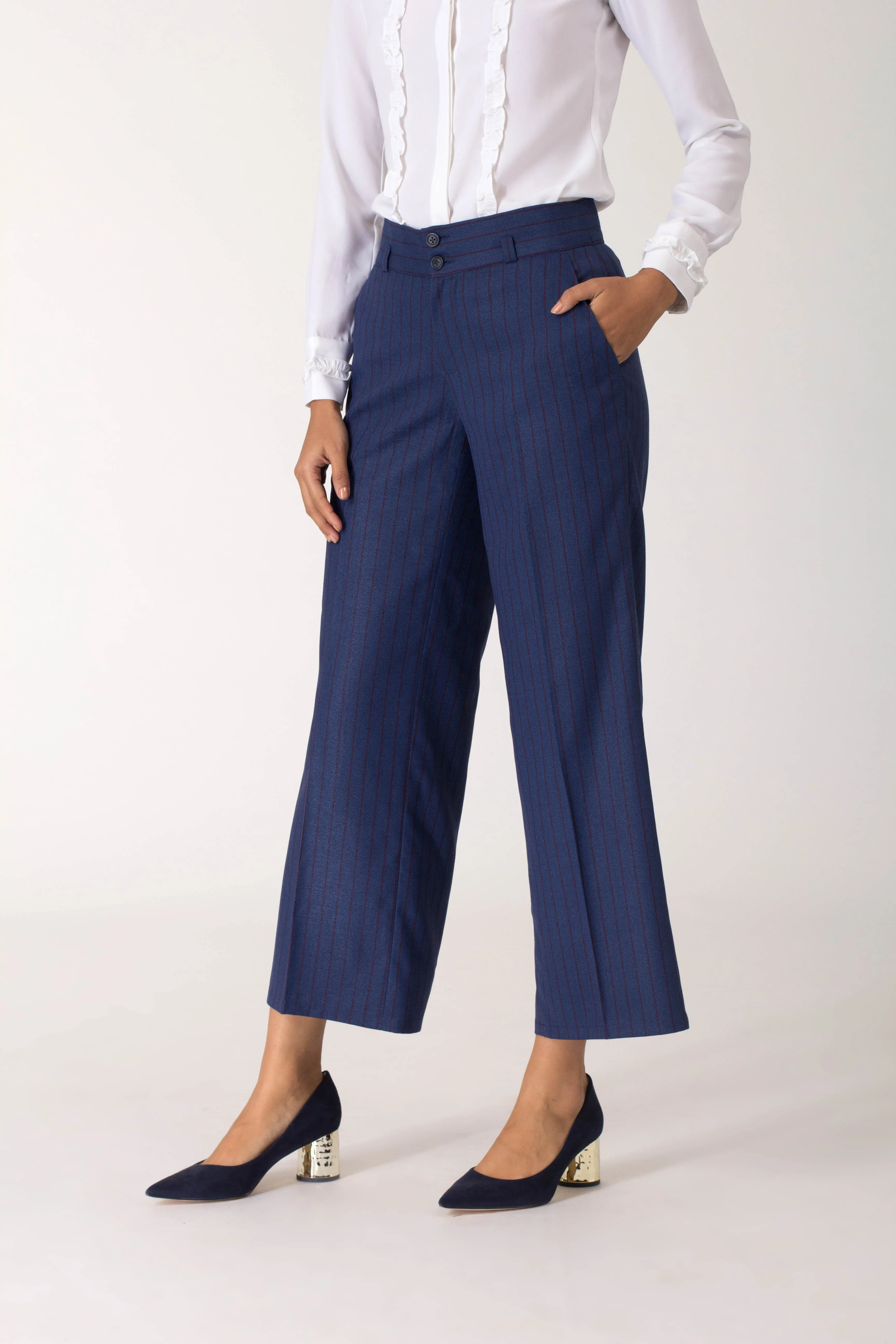 Cobalt Pinstripe Wide Leg Pants