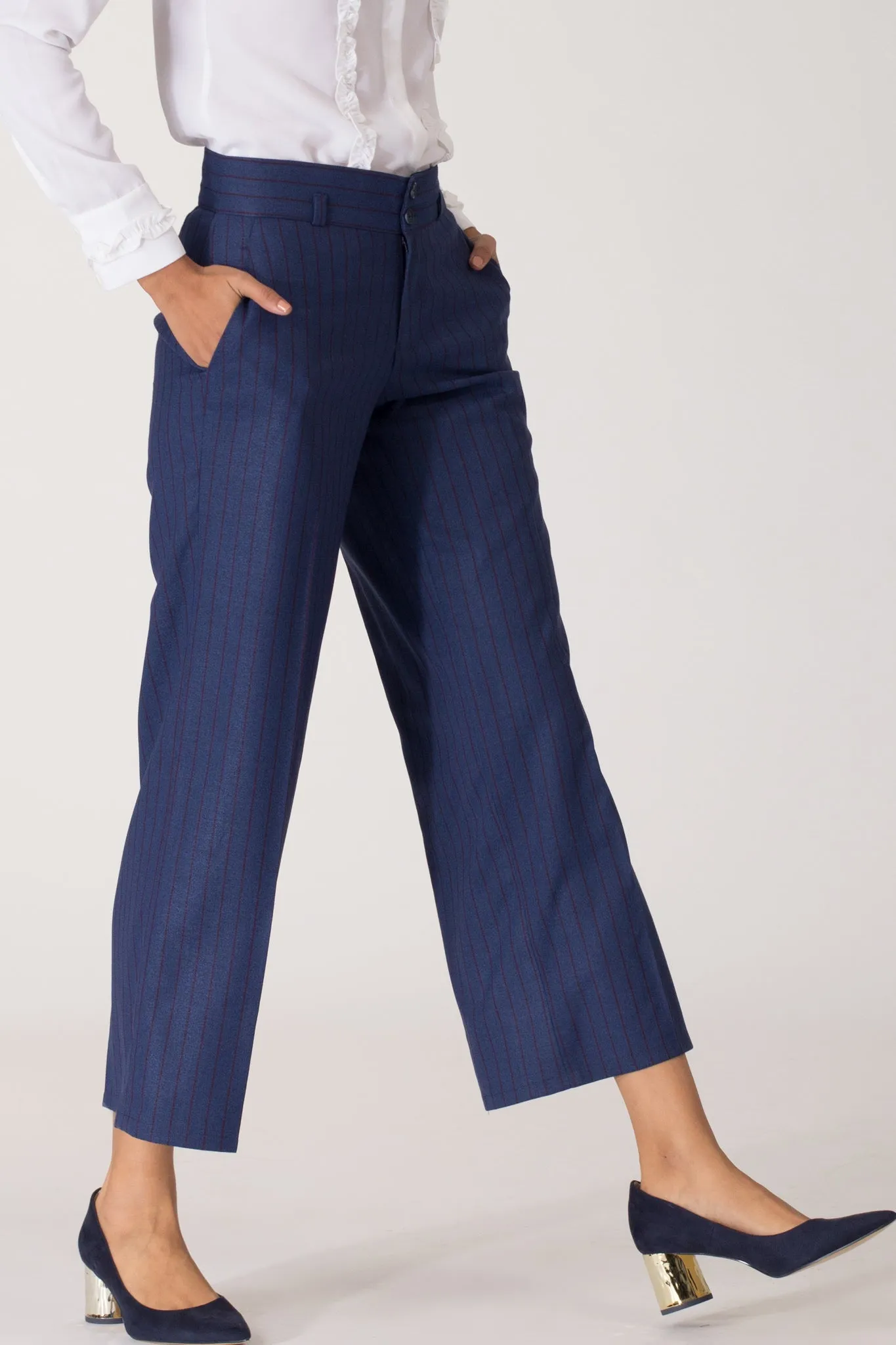 Cobalt Pinstripe Wide Leg Pants