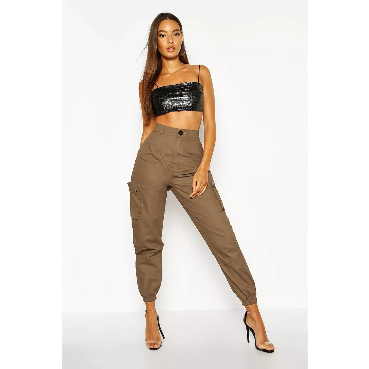 Coffee High Waist Woven Cargo Pants