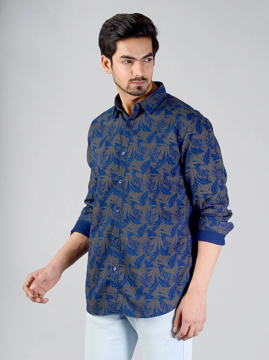 Dark Blue Printed Slim Fit Casual Shirt | JadeBlue