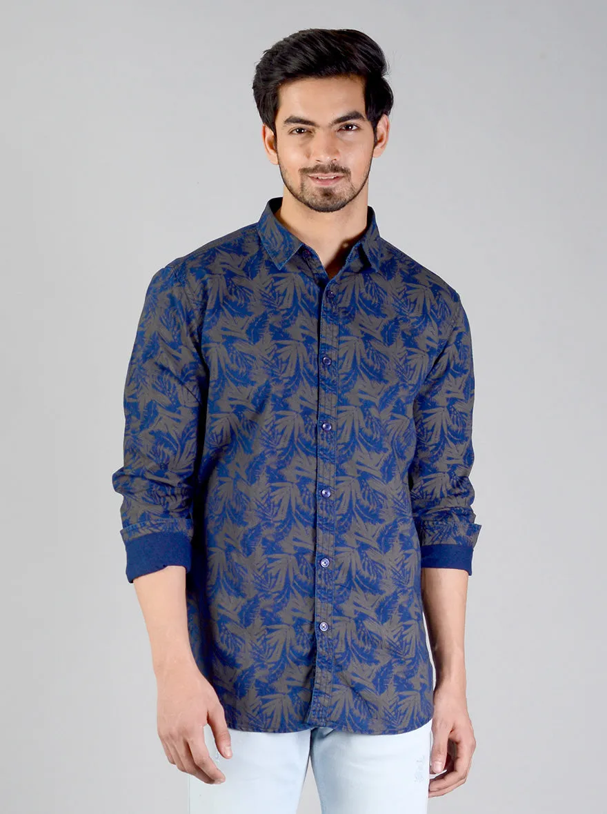 Dark Blue Printed Slim Fit Casual Shirt | JadeBlue