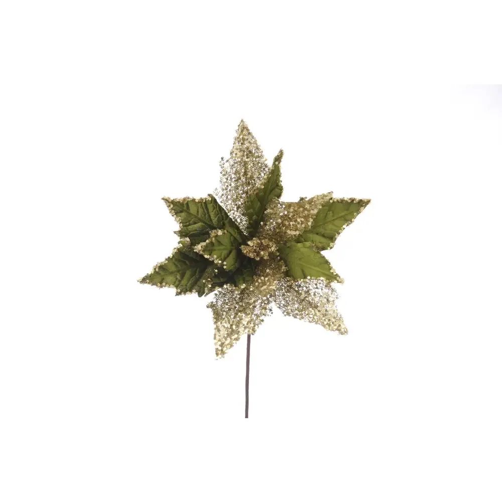 Dark Green With Gold Glitter Poinsettia Stem 45cm