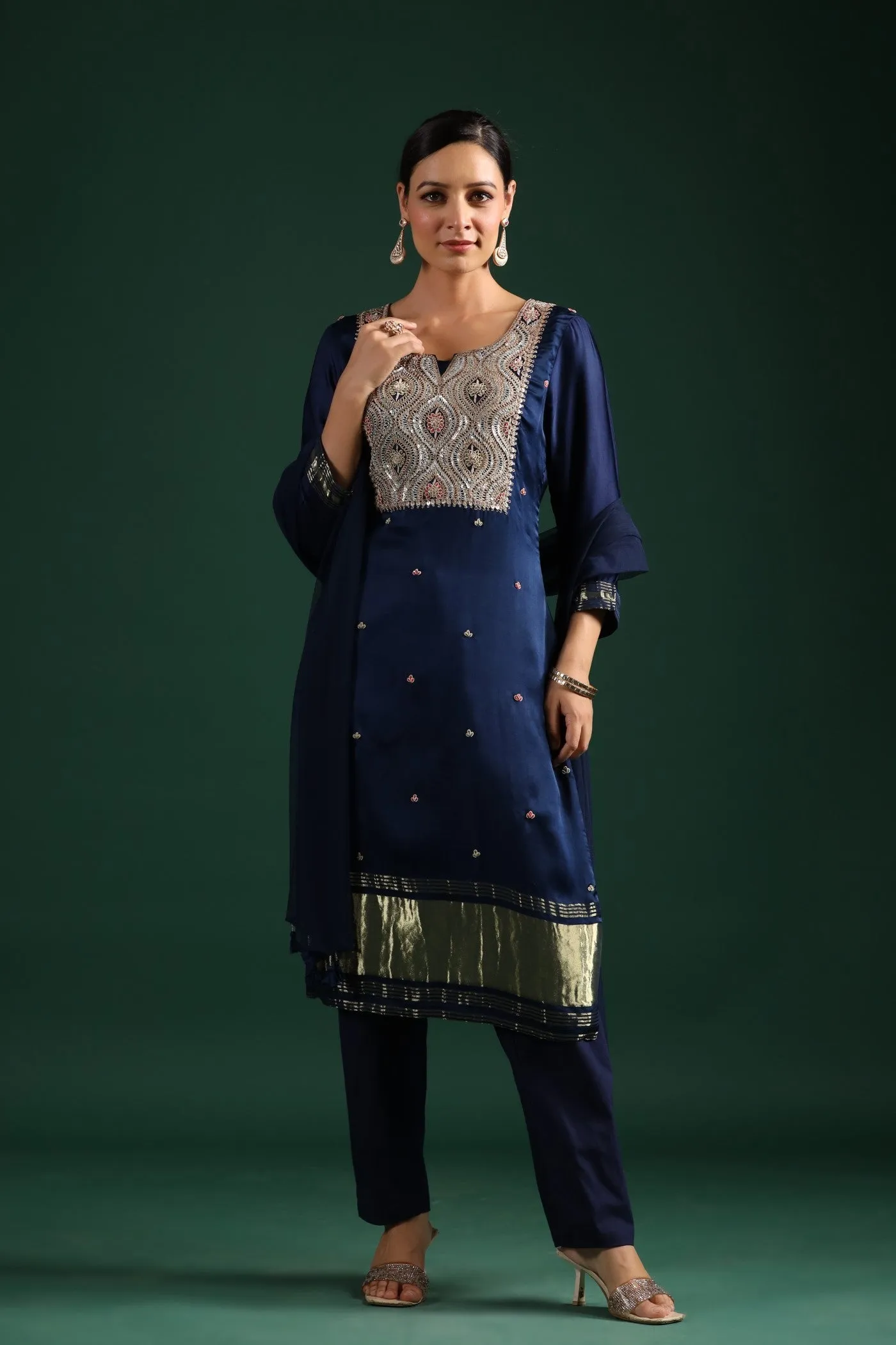 Deep Blue Zari Embroidered Gajji Silk Kurta Set