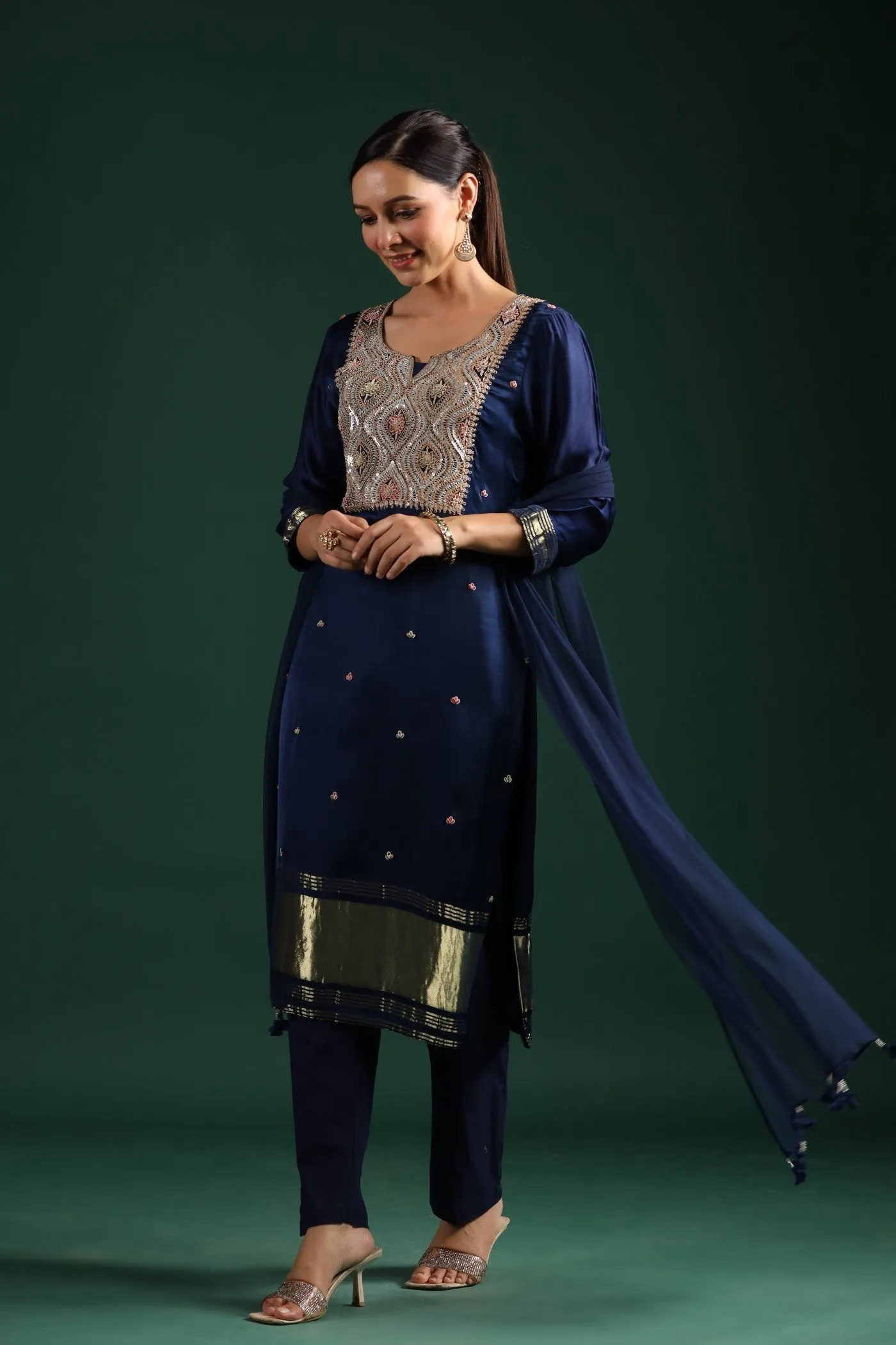 Deep Blue Zari Embroidered Gajji Silk Kurta Set