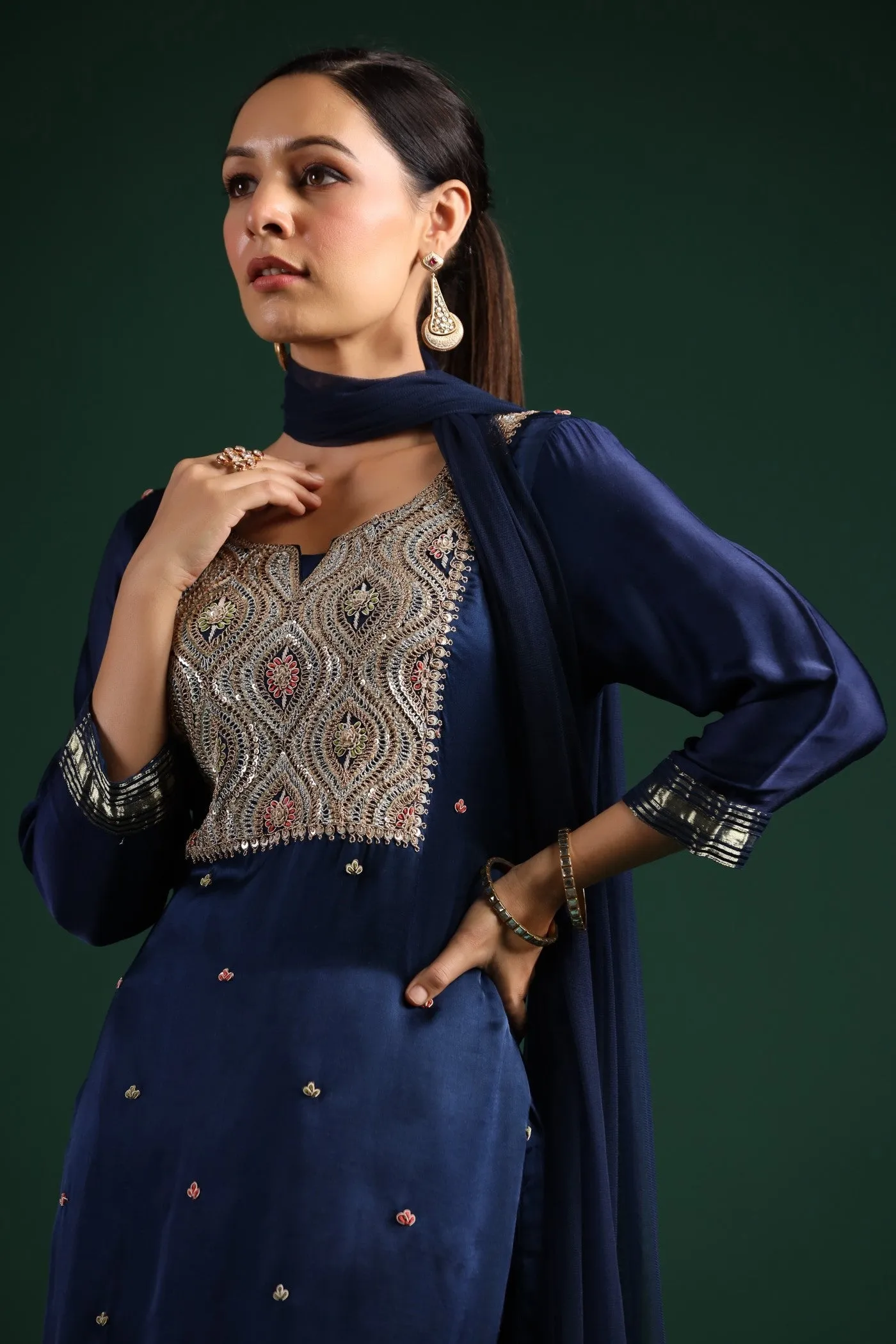 Deep Blue Zari Embroidered Gajji Silk Kurta Set