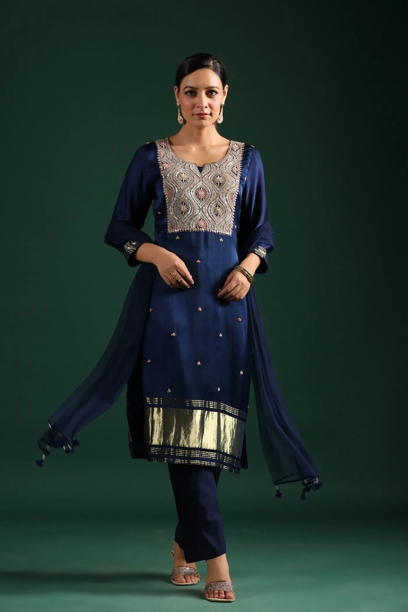 Deep Blue Zari Embroidered Gajji Silk Kurta Set