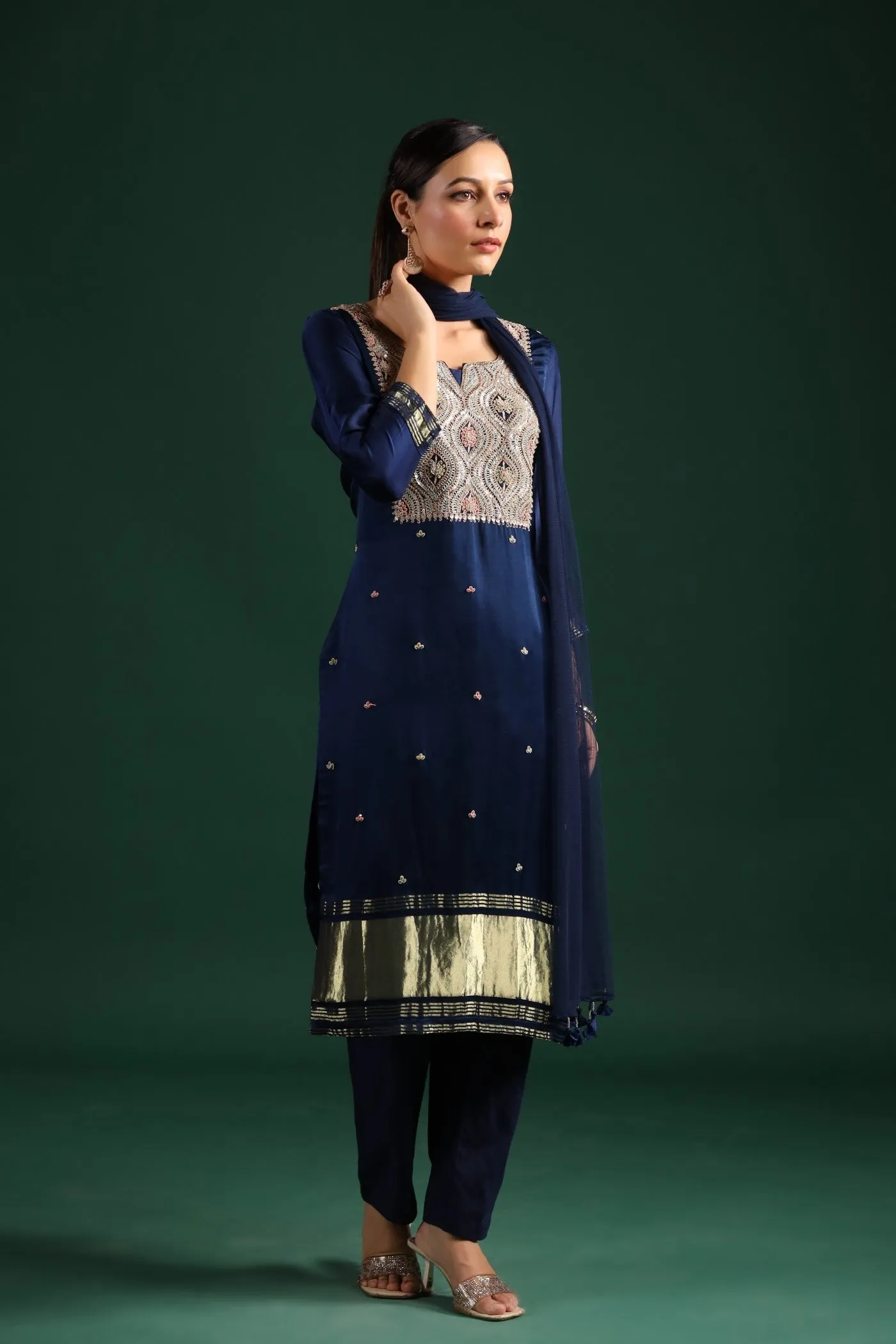 Deep Blue Zari Embroidered Gajji Silk Kurta Set