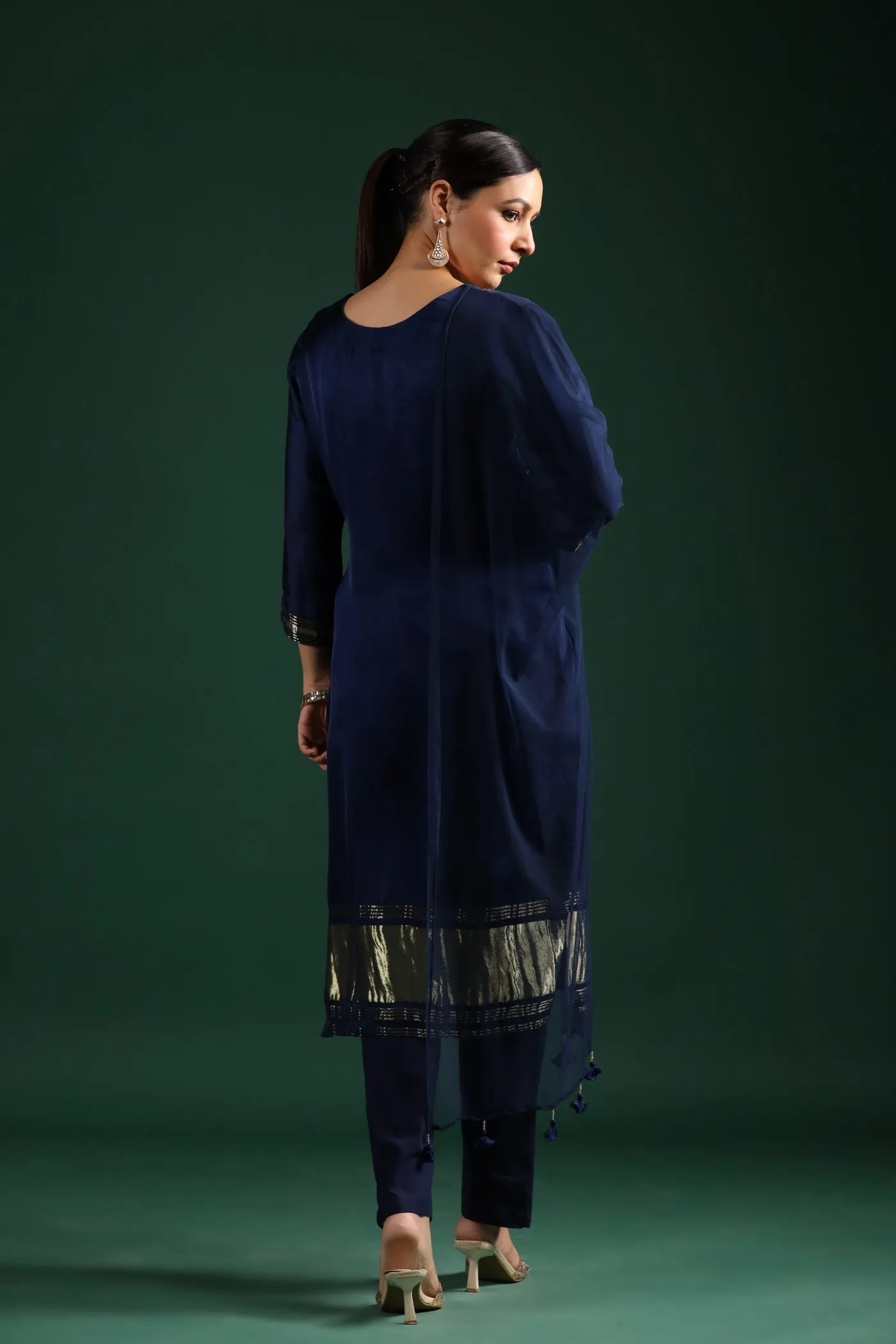 Deep Blue Zari Embroidered Gajji Silk Kurta Set