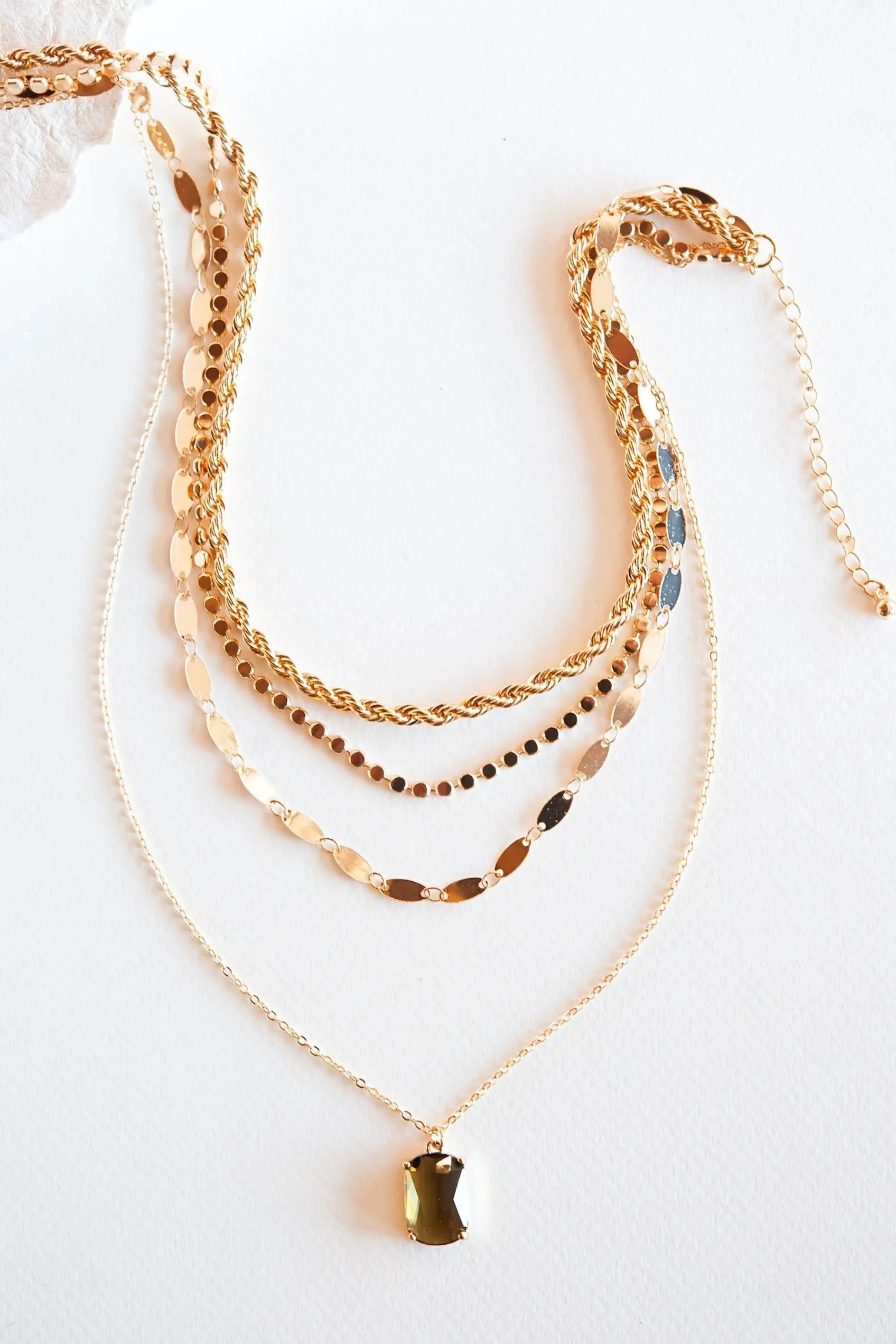 Emily Layered Chain Necklace | Gold Layering Necklace with Crystal Accent | Clear and Topaz Crystal Drops