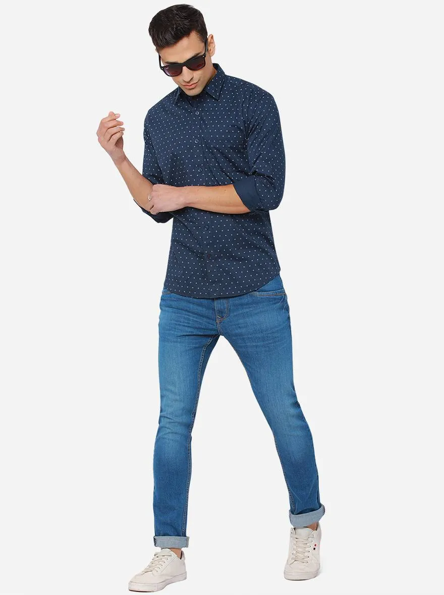 Ensigna Blue Printed Slim Fit Casual Shirt | Greenfibre