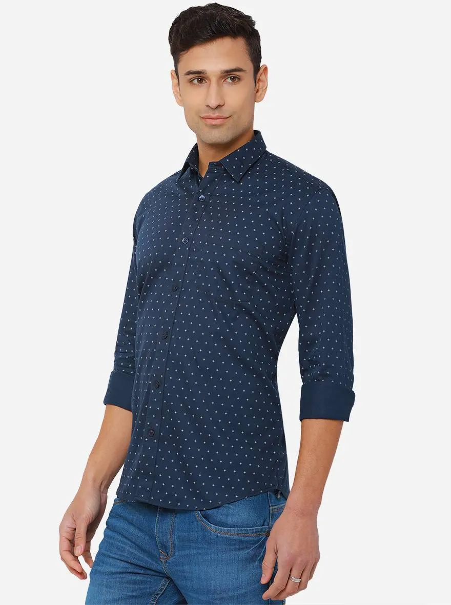 Ensigna Blue Printed Slim Fit Casual Shirt | Greenfibre