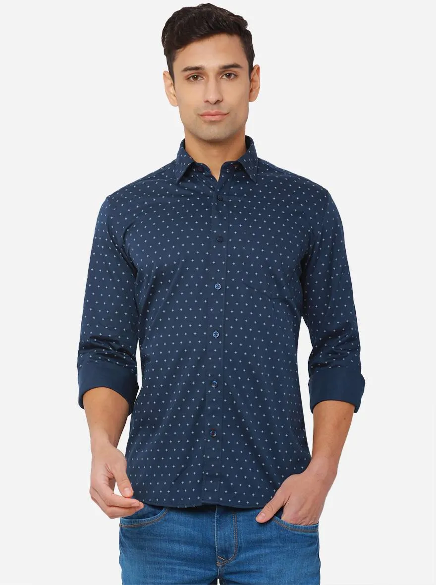 Ensigna Blue Printed Slim Fit Casual Shirt | Greenfibre