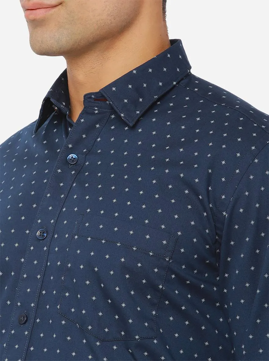 Ensigna Blue Printed Slim Fit Casual Shirt | Greenfibre