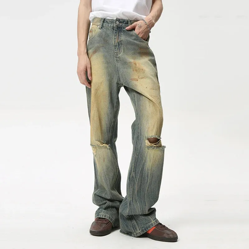 Fashion Loose Men's Straight Pants American Style Casual Hole Worn Design Make Old Wide Leg Jeans Summer 9C6091