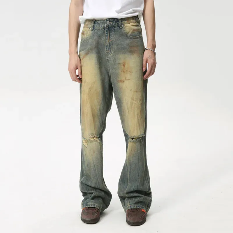 Fashion Loose Men's Straight Pants American Style Casual Hole Worn Design Make Old Wide Leg Jeans Summer 9C6091