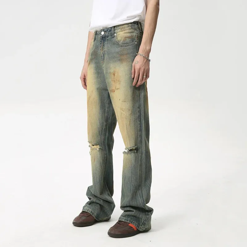 Fashion Loose Men's Straight Pants American Style Casual Hole Worn Design Make Old Wide Leg Jeans Summer 9C6091