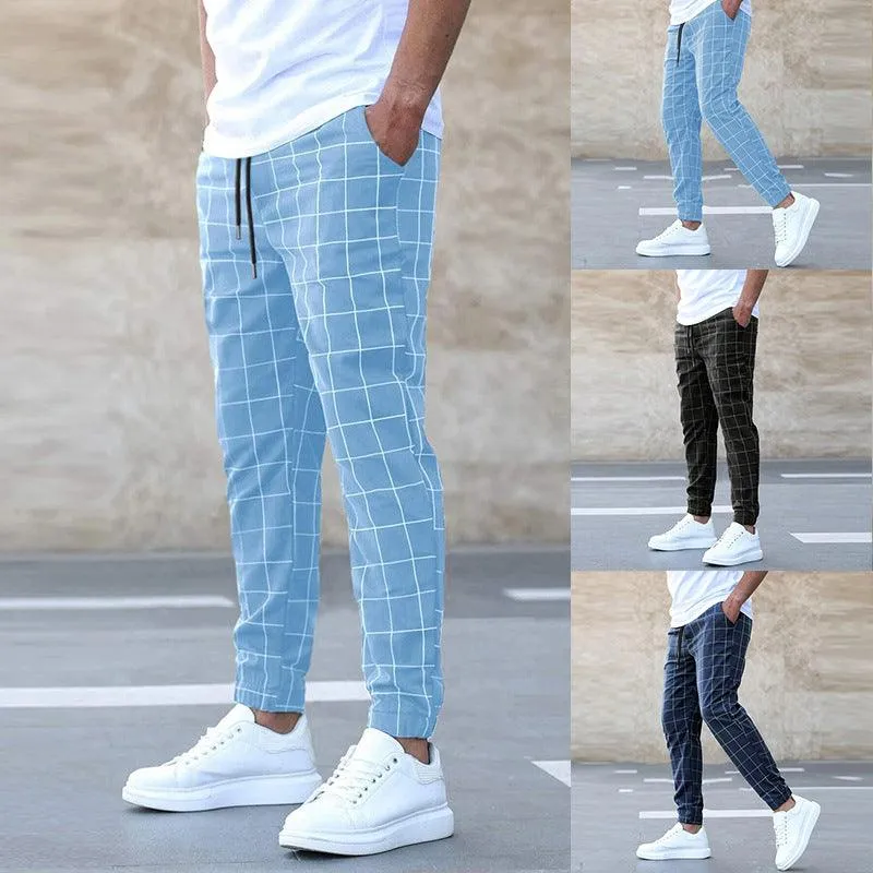 Fashion Plaid Print Pants Men's Casual Drawstring Trousers