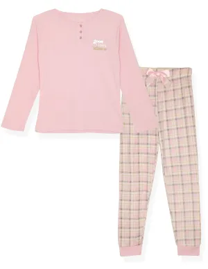 Girls 2-Piece Fleece Pajama Sets- Plaid, Pink & White Pajama Set for Girls