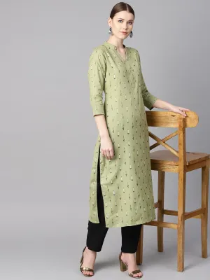 Green Ikat Printed 3/4Th Sleeve Kurta With Solid Black Pants