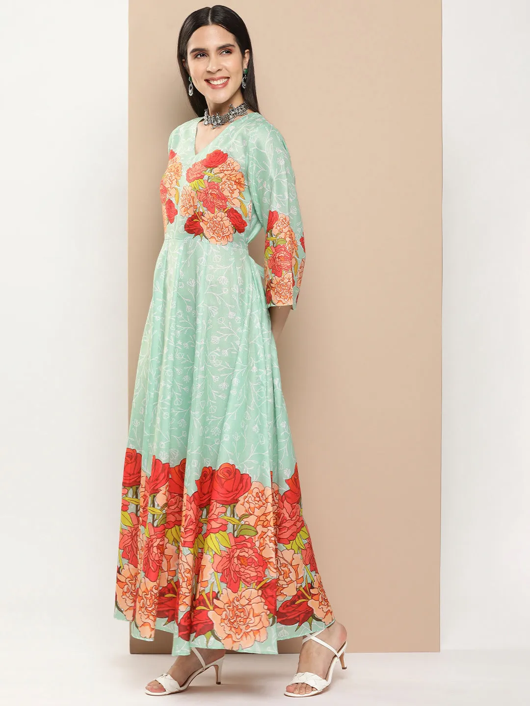 Green Printed Long Dress With Waist Belt