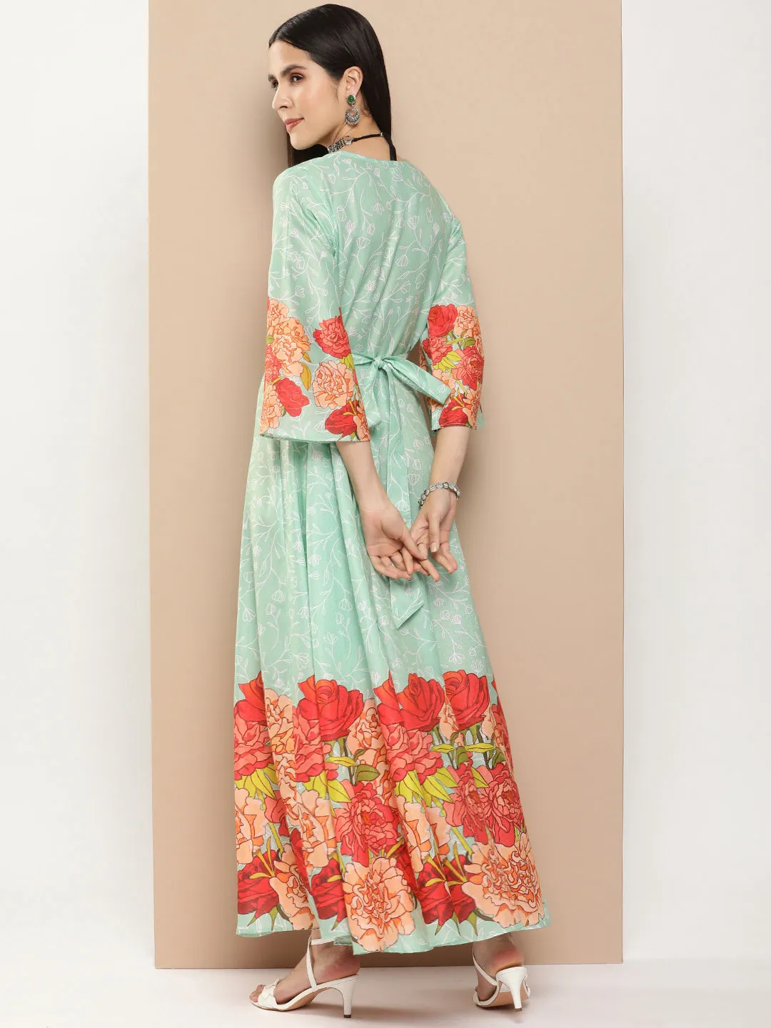 Green Printed Long Dress With Waist Belt