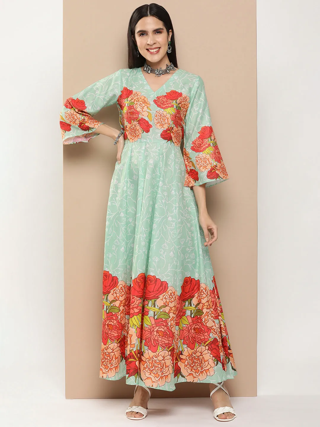 Green Printed Long Dress With Waist Belt