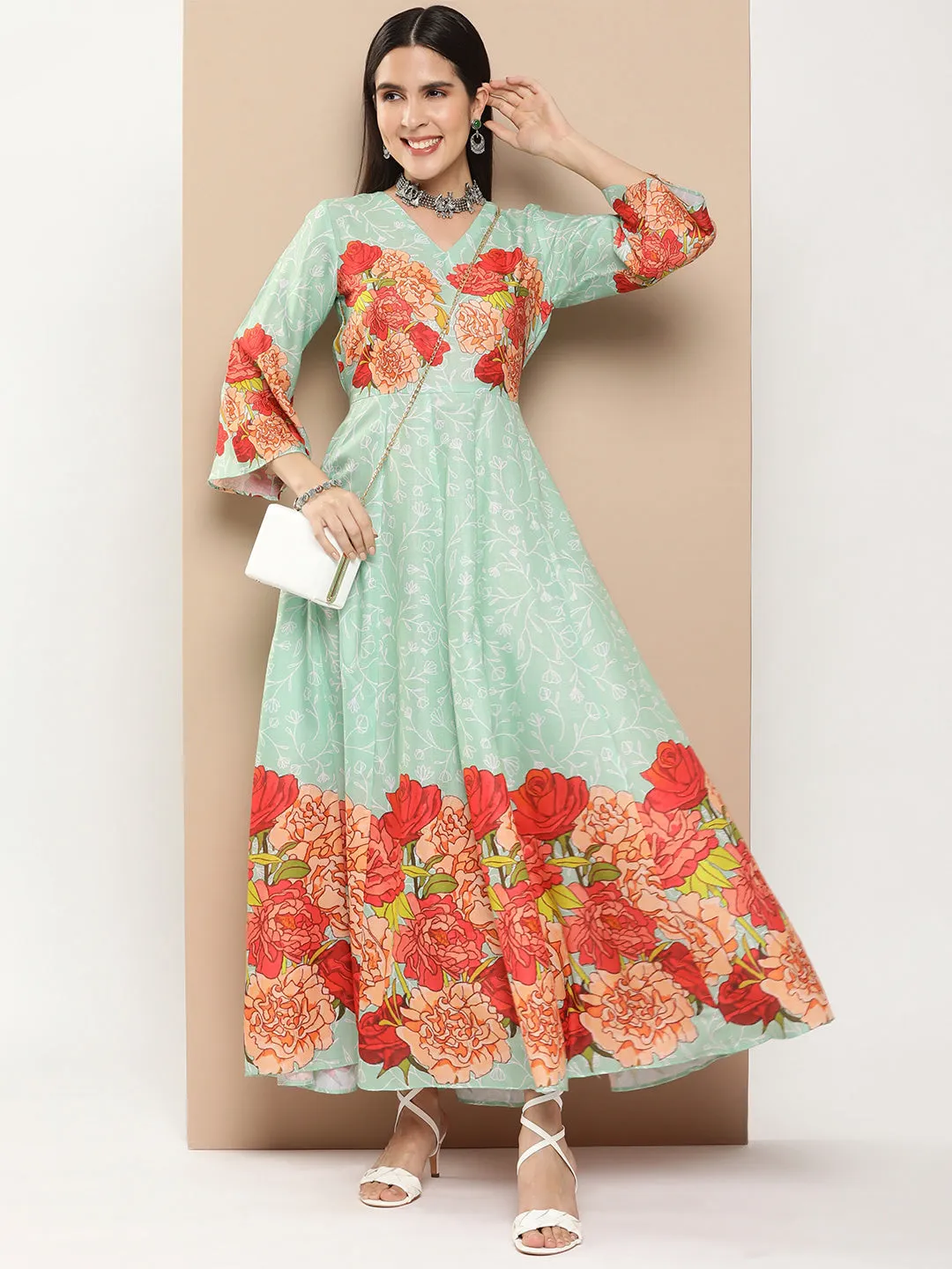 Green Printed Long Dress With Waist Belt