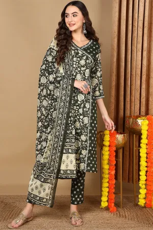 Green Pure Cotton Floral Printed Angrakha Style Suit Set